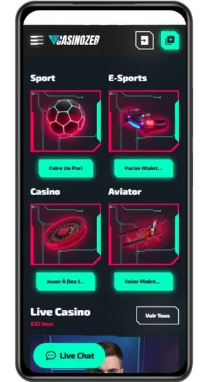 Écran d'accueil avec sections sport et casino sur Casinozer