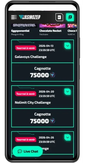 Tournois et cagnottes disponibles sur Casinozer App mobile